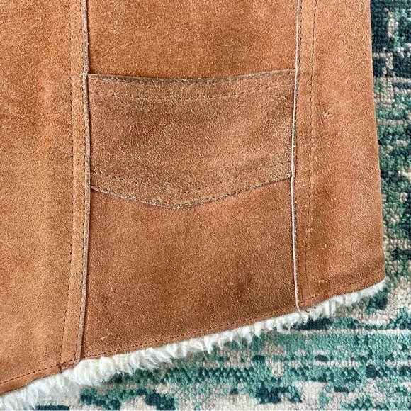 Vintage Caramel Brown Suede Leather Vest Cream Sherpa Lining Large Western - Picture 3 of 11